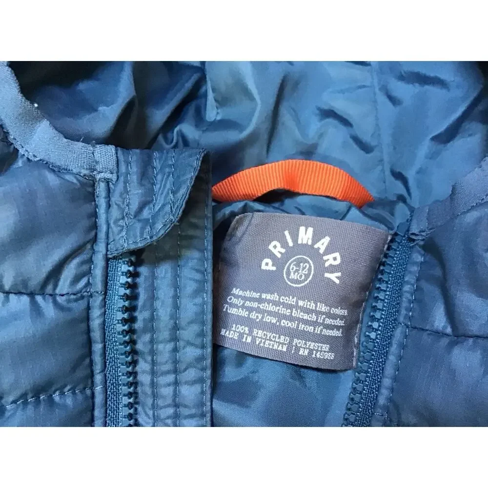 Primary Baby Puffer Snowsuit 6-12 Mo Bunting Blue/Teal Hooded Lightweight Winter
